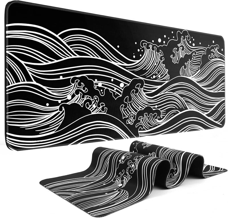 DIGSOM Gaming Mouse Pad - Large 31.5 x 11.8 in Black and White with Stitching Edges, Non-Slip Rubber Base Large Mouse Mat and Keyboard Pad (Sea Wave) - Image 1